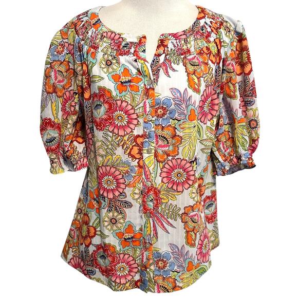 Rose & Olive Floral Puff Sleeve Top Womens 2X Multicolor Button Up Bold Peasant - Picture 2 of 10